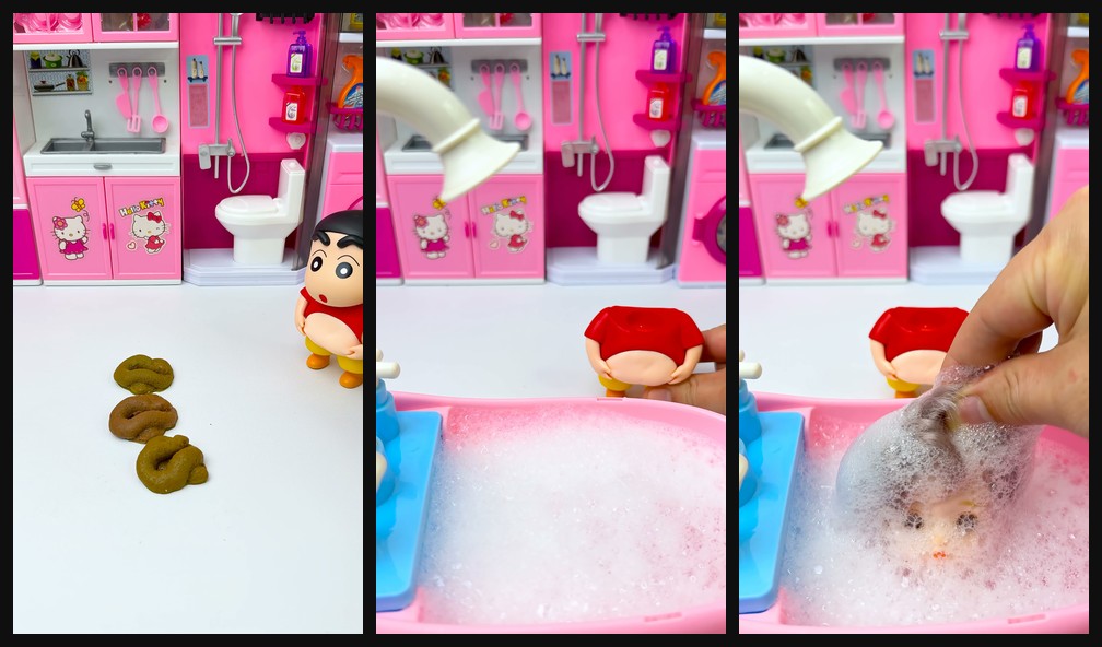 Shin Chan toy bubble-bath ASMR opening hook frames