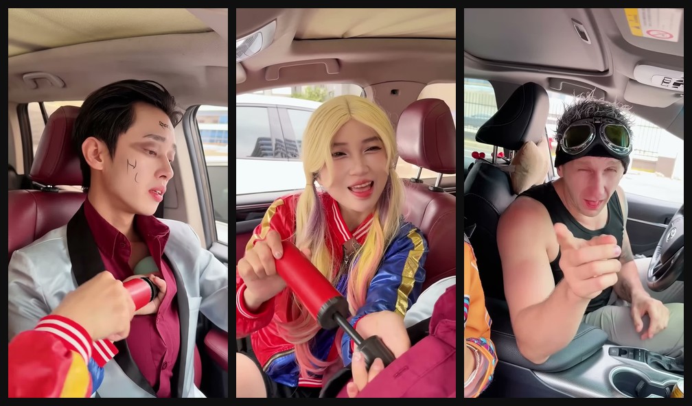 Harley-style balloon cosplay skit opening hook frames